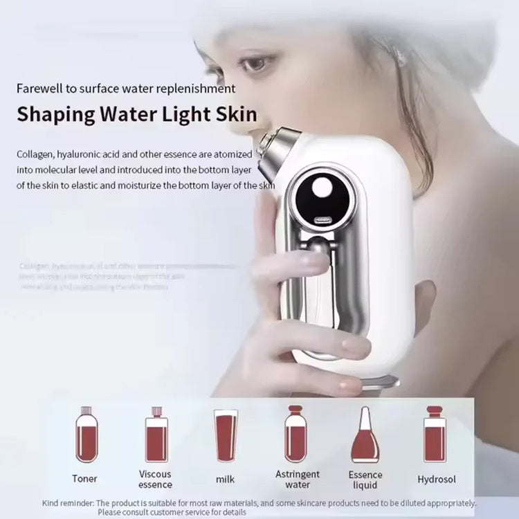 Woman using white handheld skincare mist device on face, modern beauty technology demonstration.