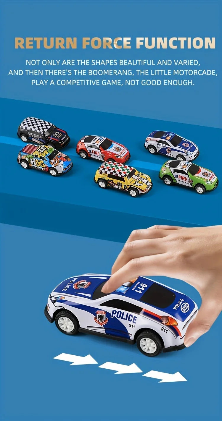 Assorted toy cars with colorful designs, including police and fire themes, on a blue surface
