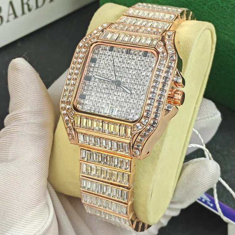 Rose gold square luxury watch with full crystal embellishments and metallic bracelet