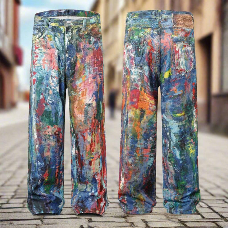 Colorful paint splatter wide-leg jeans with relaxed fit, denim material, streetwear style
