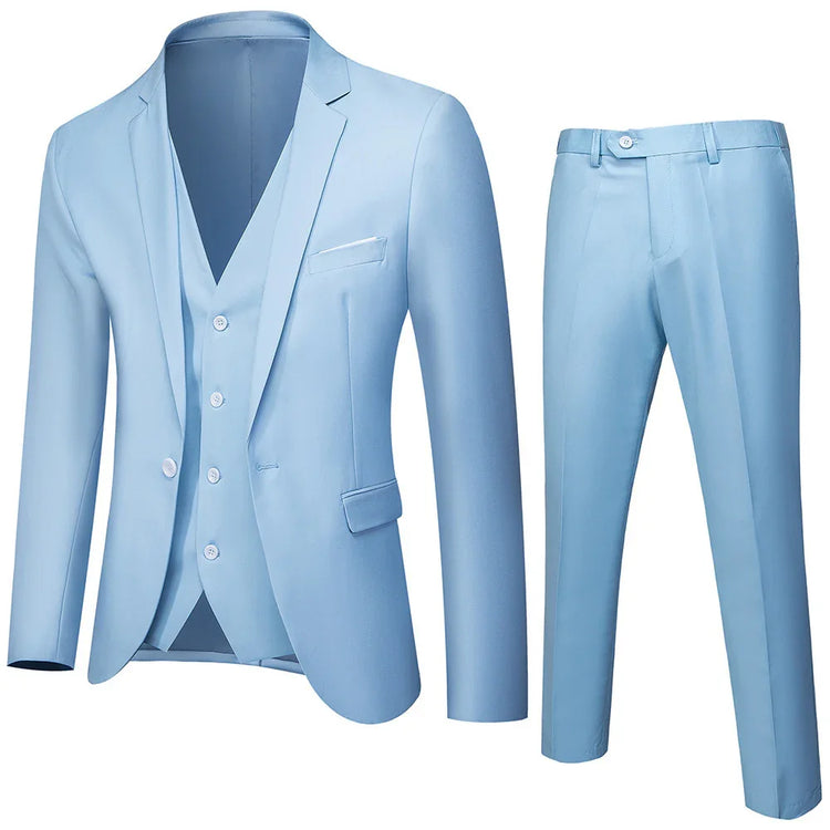 Light blue slim fit three-piece suit with blazer, vest, and trousers, smooth fabric
