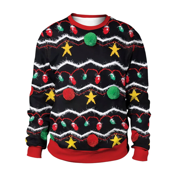 Black Christmas sweater with fuzzy red and green pom-poms, star and light bulb patterns, crew neck, relaxed fit