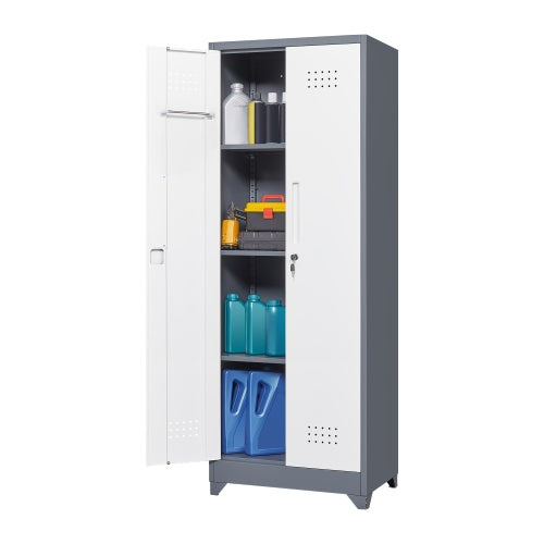 Gray And White Color Metal Lockers, Cleaning Tool Cabinets With Locking Doors, High Broom Tool Storage Cabinets, Adjustable Shelves, Large Cabinets For Kitchens, Offices, Shops.65 Inches