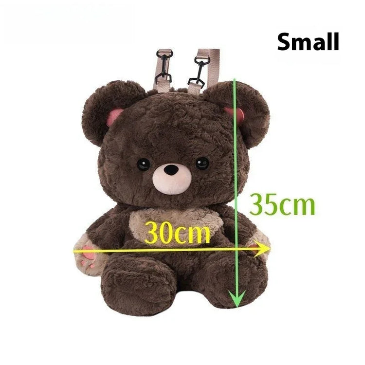 Small brown plush bear backpack, 30x35cm, soft faux fur, adjustable straps, kawaii style.