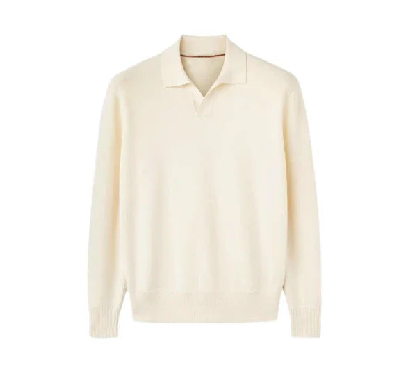 Cream long sleeve knit polo sweater with relaxed fit and soft texture