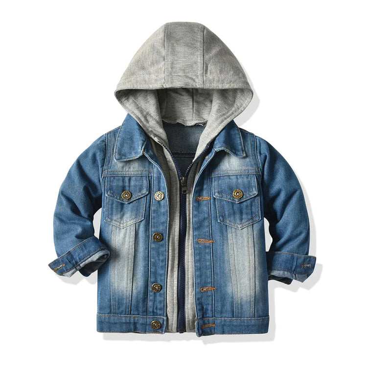 Blue denim jacket with grey hood, button front, casual fit, streetwear style.