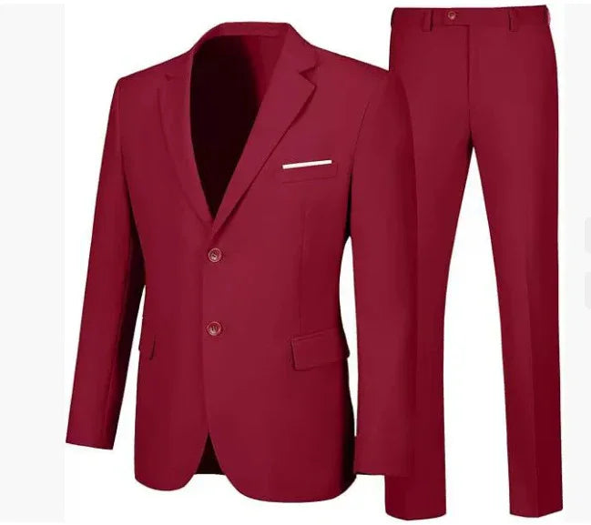 Slim fit red suit set with blazer and matching trousers, classic style, smooth fabric