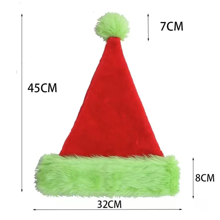Red and green plush Christmas hat with faux fur trim, soft material, novelty winter accessory