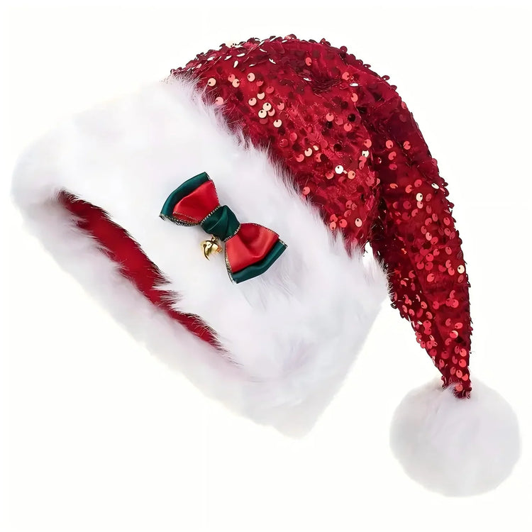 Red sequin Santa hat with white faux fur trim, pom-pom, and festive bow accent