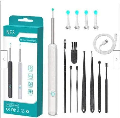 Smart electronic ear cleaning kit with camera, teal and black tools, USB charging cable