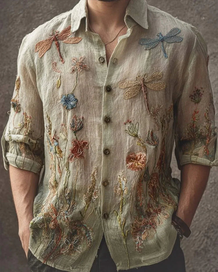 Men’s light beige linen shirt with colorful embroidered dragonflies and floral patterns, relaxed fit