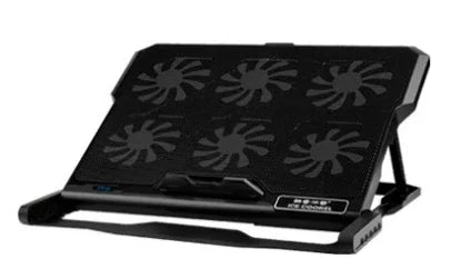 Black adjustable laptop cooling pad with six built-in cooling fans and mesh surface