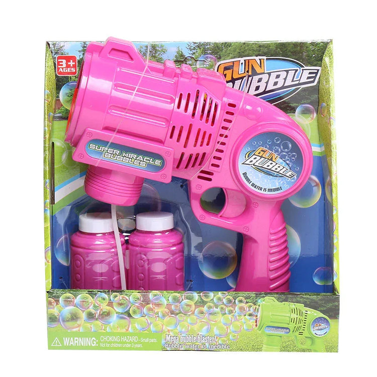 Pink plastic bubble gun toy with grip handle and two solution bottles in packaging