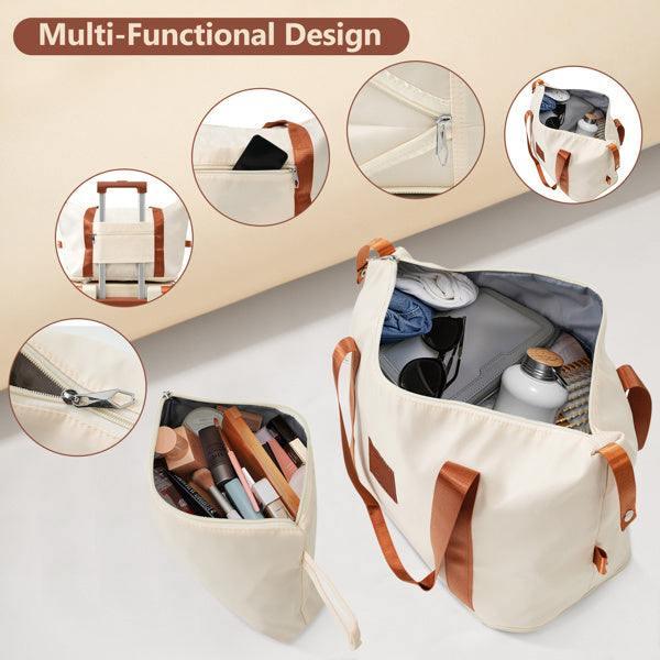 Beige and brown multi-functional travel bag with spacious compartments, durable fabric, and organized interior pockets.