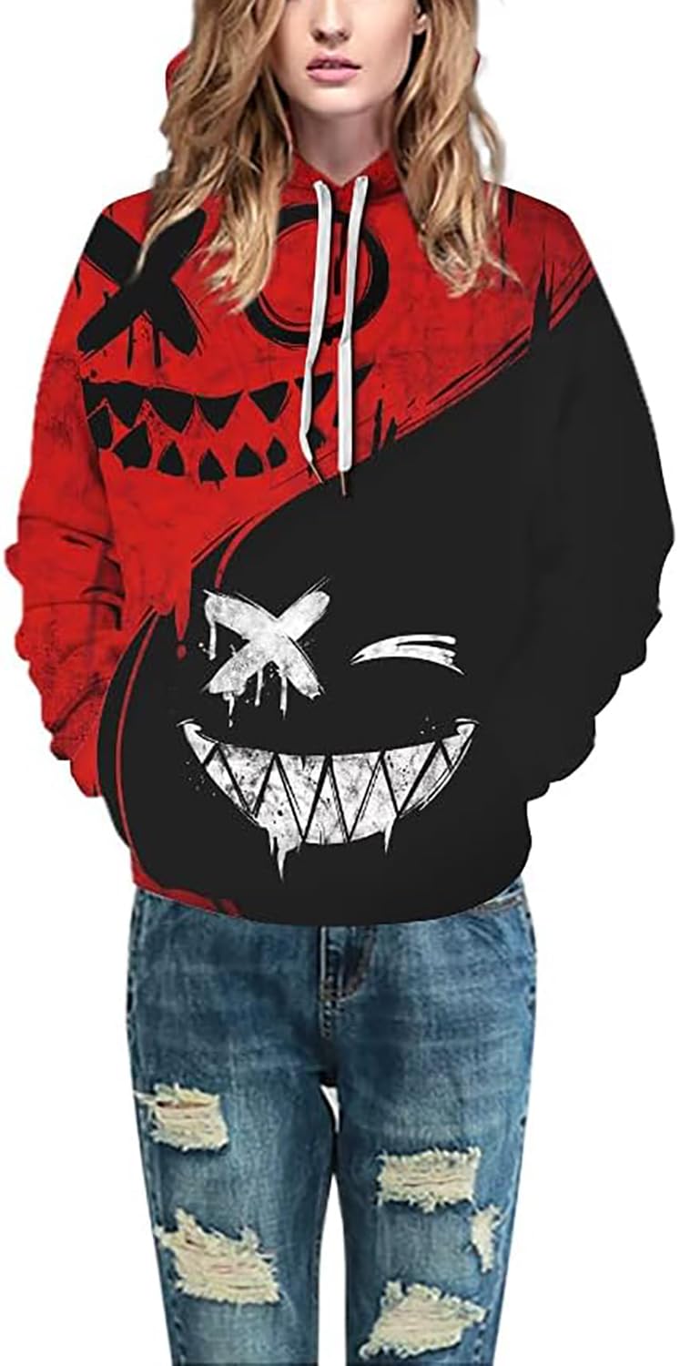 Basoteeuo Mens Hoodies Pullover Graphic Design 3D Cool Novelty Long Sleeves Hooded Sweatshirts with Pockets Red Black S