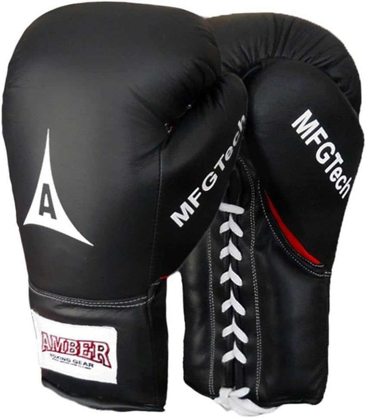 Black leather boxing gloves with lace-up closure and white stitching, padded fit