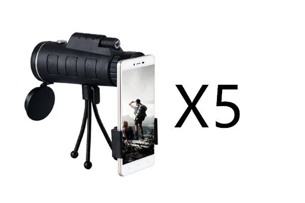 Black handheld monocular telescope with tripod and smartphone adapter, showing 5x zoom.