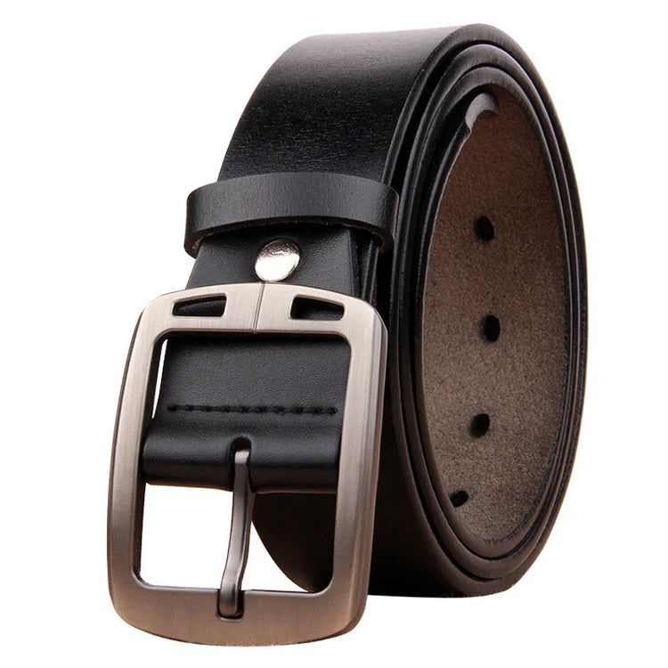 Black leather belt with silver buckle, classic style, adjustable fit, smooth finish