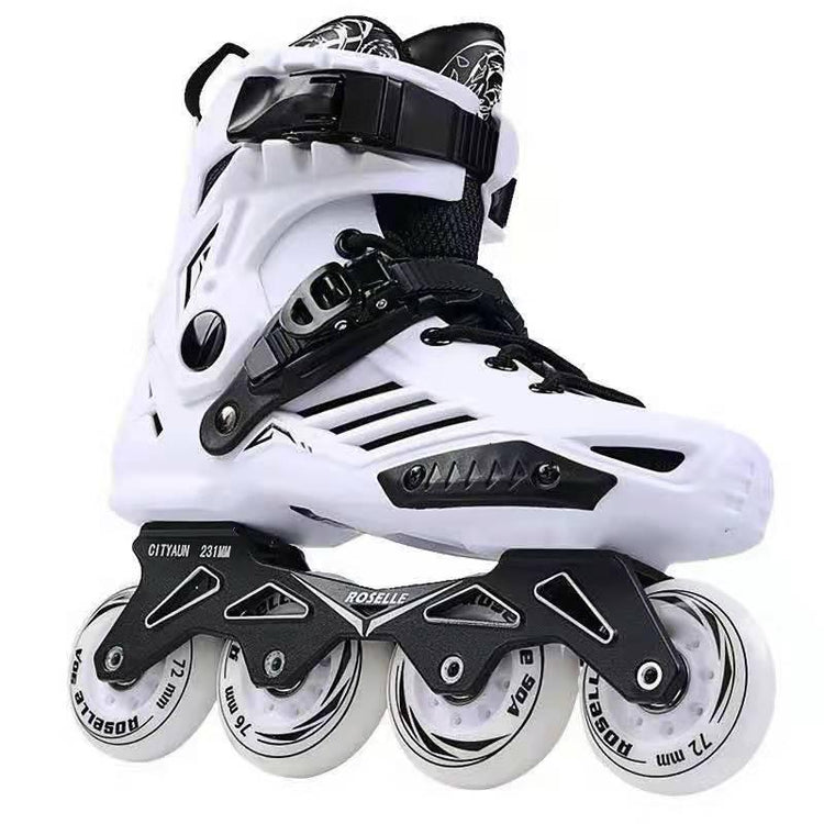 White hard-shell inline skate with black adjustable straps and three large wheels