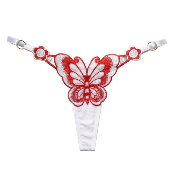 White and red butterfly embroidered mesh thong with adjustable straps, floral lace detail