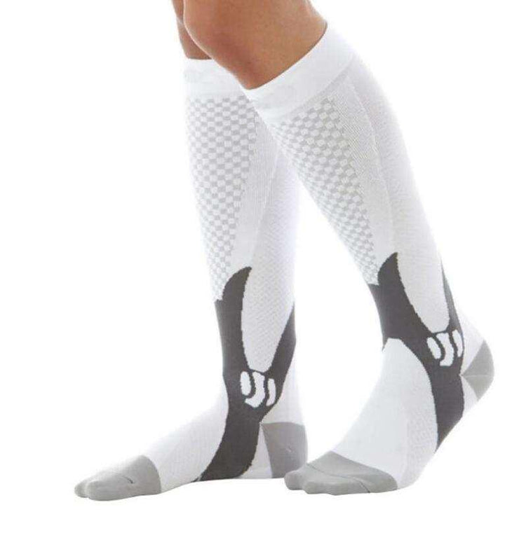 White and gray knee-high athletic compression socks with black accents, fitted style