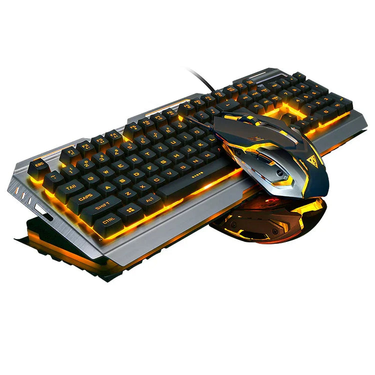 Futuristic metallic gaming keyboard and mouse with orange LED backlighting