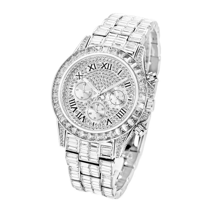Silver iced-out wristwatch with crystal detailing, bold roman numerals, and metallic band