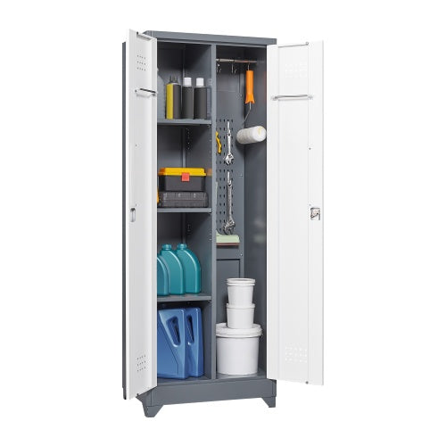 Gray And White Color Metal Lockers, Cleaning Tool Cabinets With Locking Doors, High Broom Tool Storage Cabinets, Adjustable Shelves, Large Cabinets For Kitchens, Offices, Shops.65 Inches