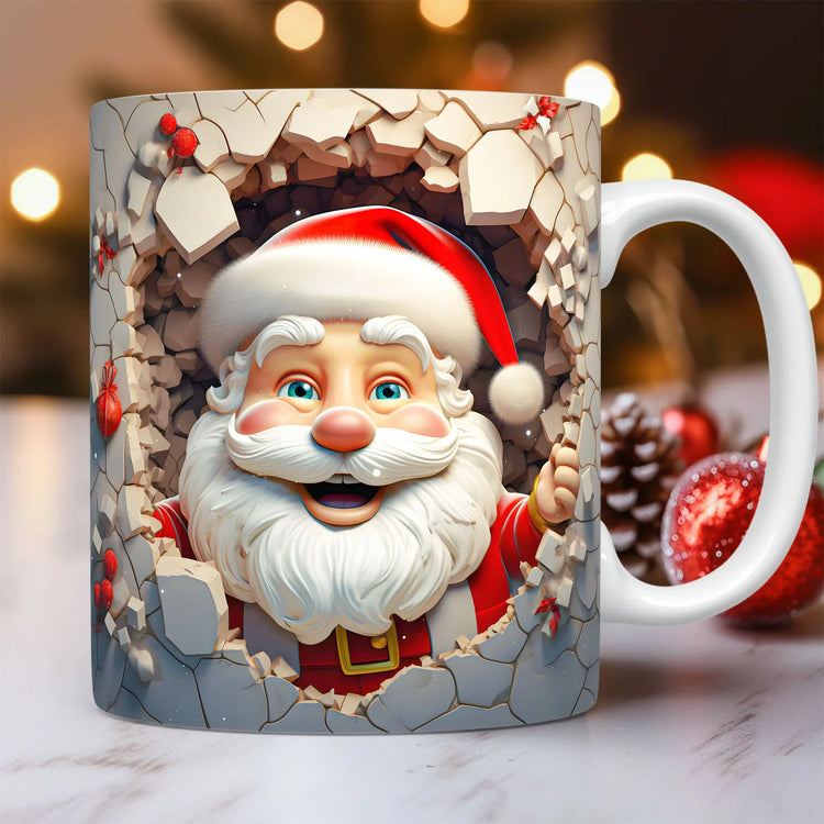 Mug featuring vibrant 3D Santa Claus design with festive Christmas background elements