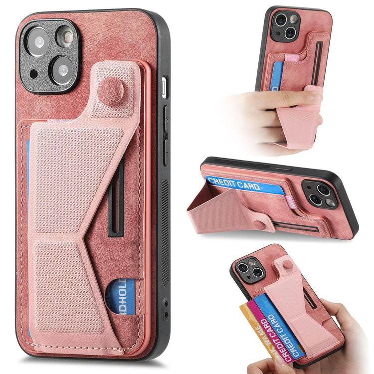 Pink faux leather phone case with card holder and kickstand, slim fit, modern style