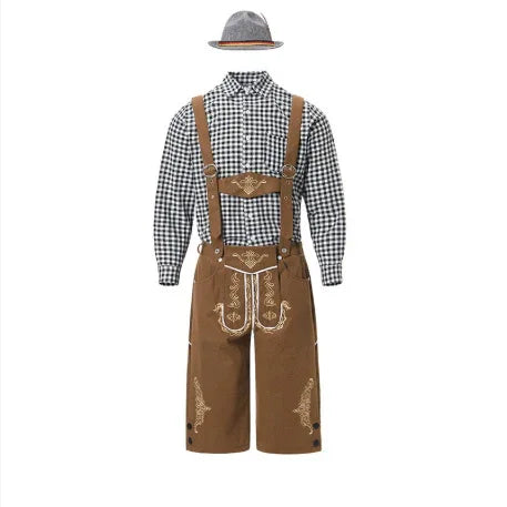 Traditional brown lederhosen with embroidery, black and white checkered shirt, and grey hat