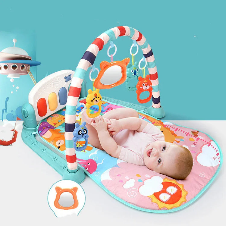 Colorful baby play mat with soft fabric, hanging plush toys, and interactive arch