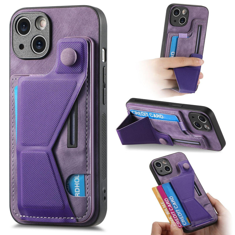 Purple leather phone case with card holder, kickstand, and slim fit design