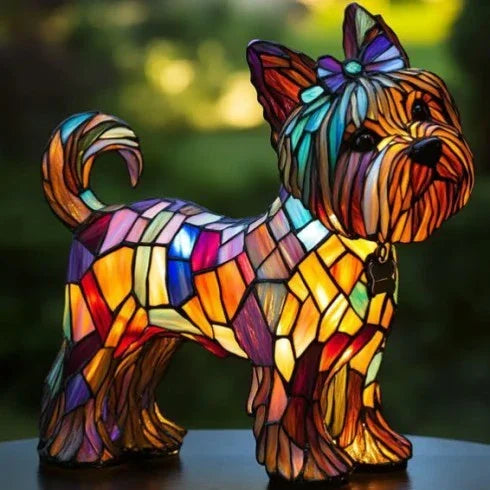 Colorful stained glass dog lamp with mosaic pattern, vibrant decorative lighting
