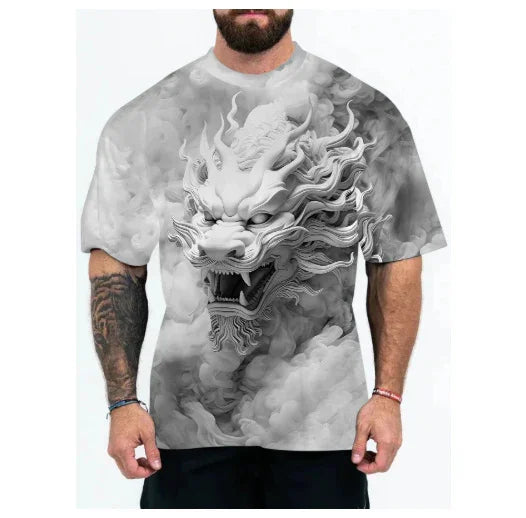 Oversized gray streetwear t-shirt with bold 3D dragon graphic, short sleeves, relaxed fit.