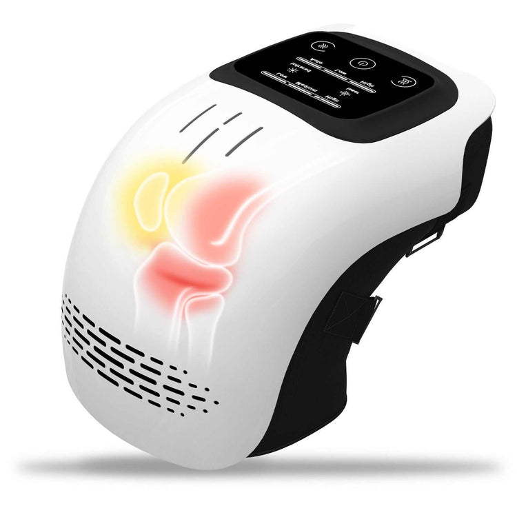 Futuristic white knee massager with digital control panel, ergonomic fit, ventilated design