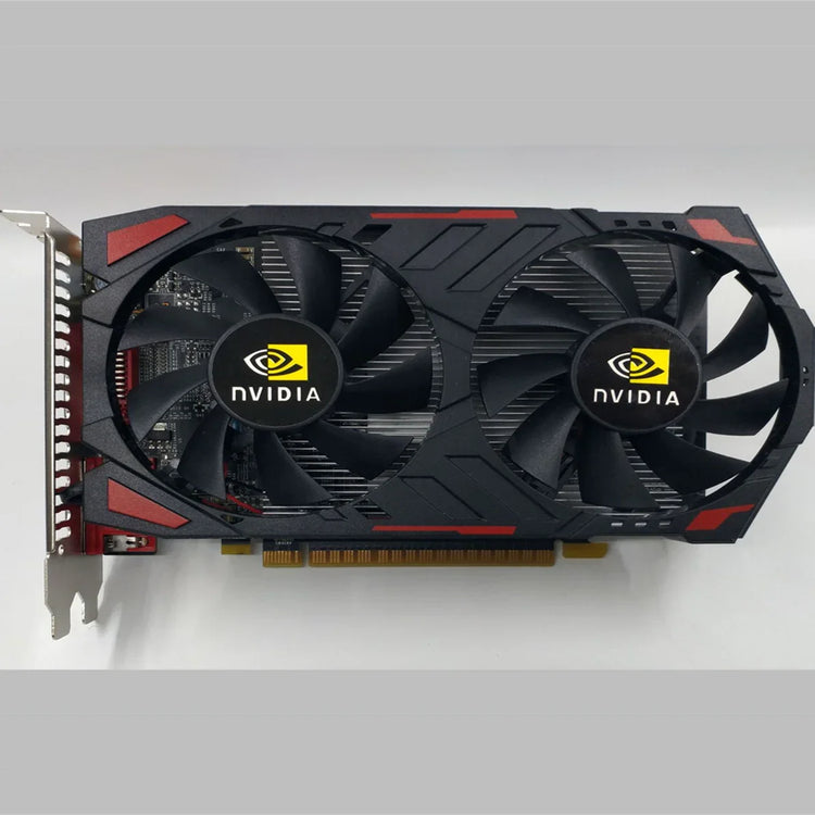 Black and red graphics card with dual cooling fans and visible circuit details.