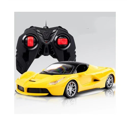 Black and yellow remote control car with glossy finish and aerodynamic design