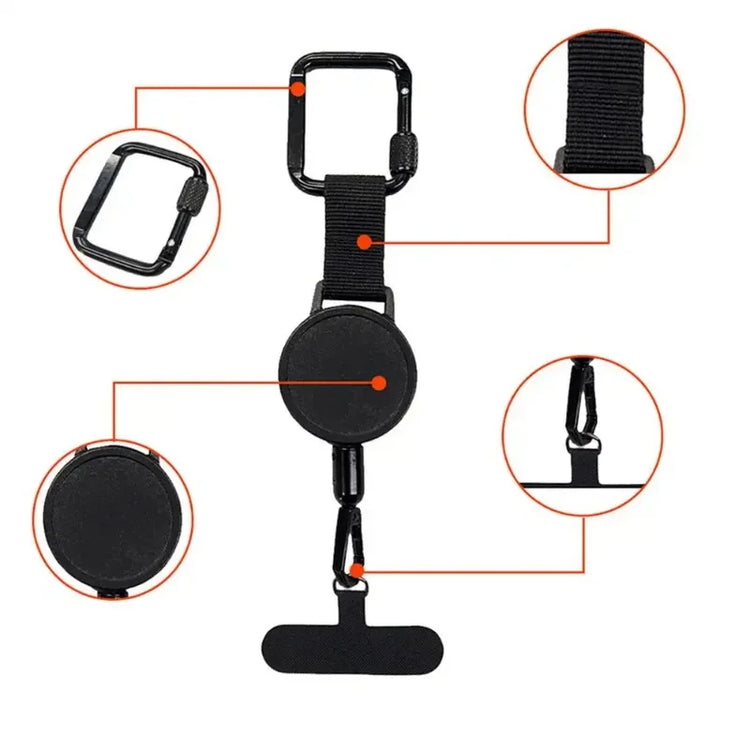 Black retractable badge reel with durable nylon strap, plastic clip, and secure carabiner hook.