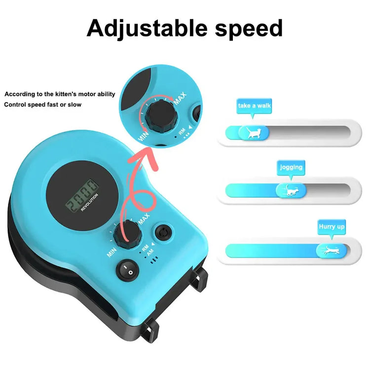 Blue electronic device with adjustable speed dial and digital display, pet exercise settings.
