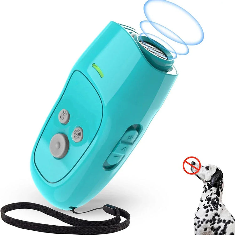 Turquoise handheld ultrasonic dog training device with control buttons and a black wrist strap