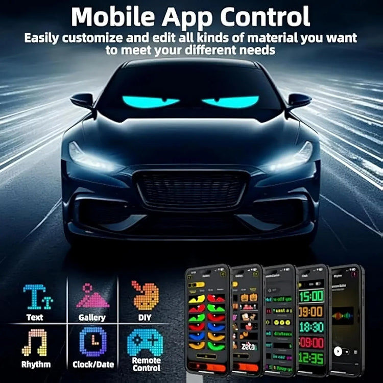 Futuristic streetwear accessory app interface on smartphones, showcasing mobile control features for customizable LED car display, with bold colors and modern digital icons.