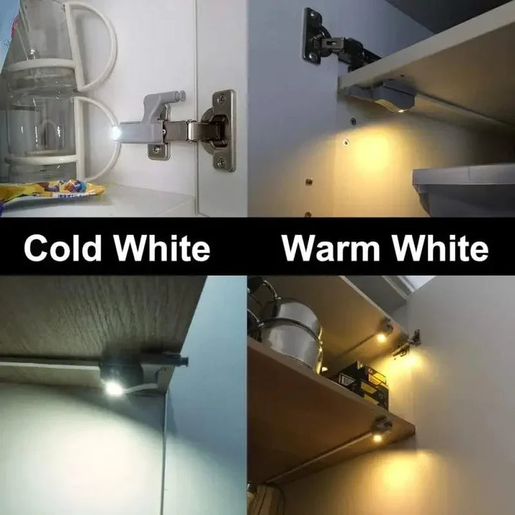Cabinet hinge LED lights in cold white and warm white, easy-install kitchen lighting.