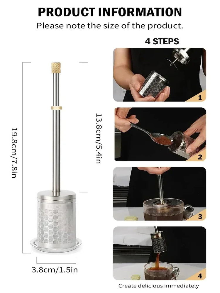 Stainless steel coffee press with honeycomb pattern, shown with step-by-step brewing instructions.