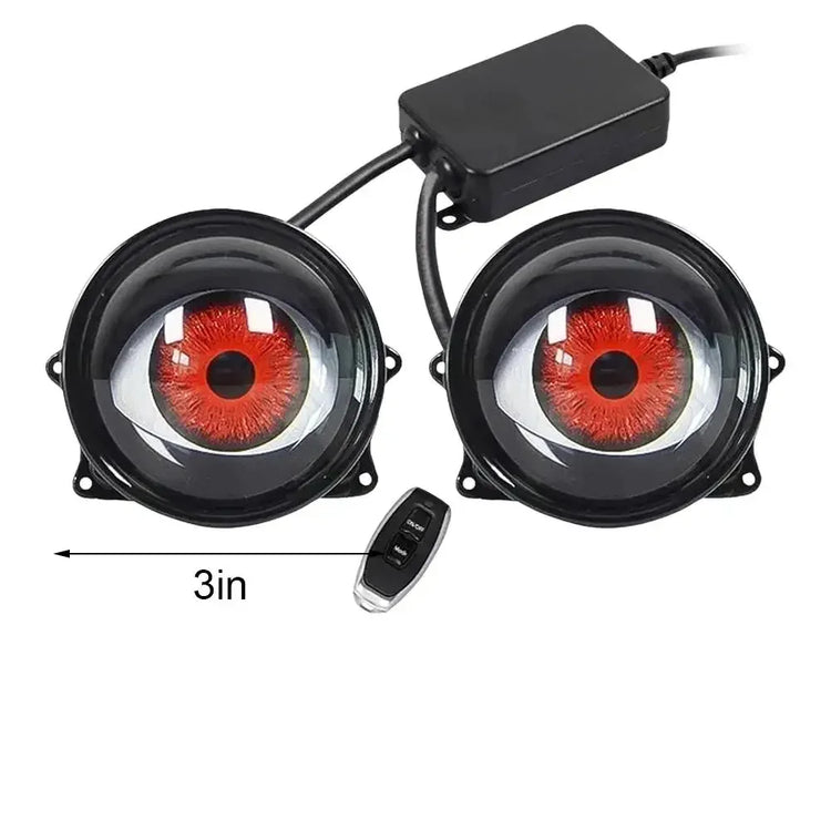 Pair of 3-inch red eye car LED headlights with remote control, futuristic tech accessory