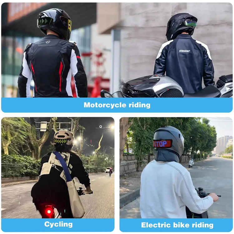 Men and women wearing black and white streetwear jackets and helmets while riding motorcycles, bicycles, and electric bikes outdoors.