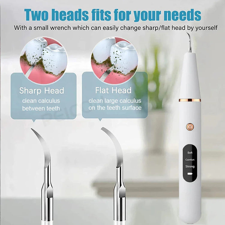 Electric dental scaler with two interchangeable heads, featuring sharp and flat options for cleaning teeth and removing tartar buildup.