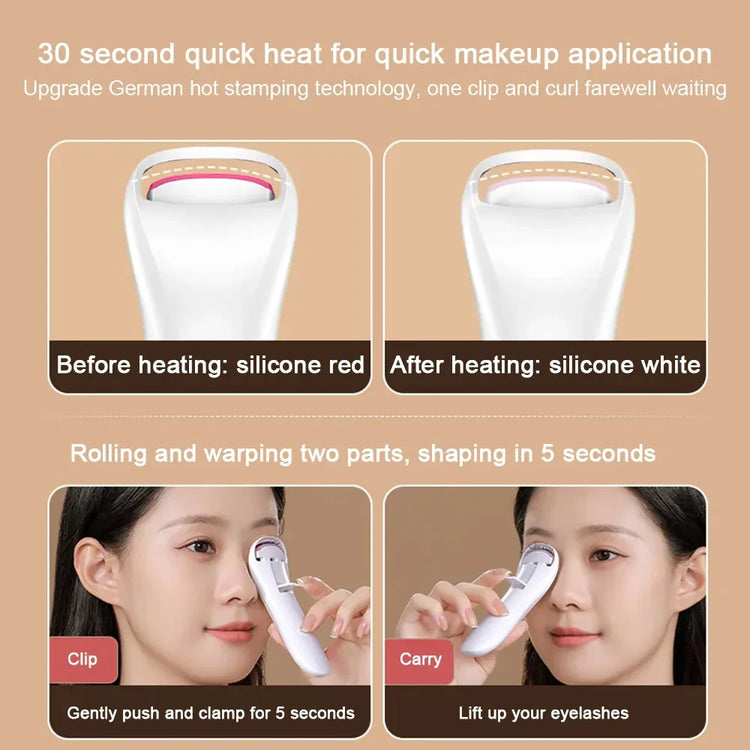 Woman using white heated eyelash curler with red and white silicone indicator, demonstrating quick lash curling process.