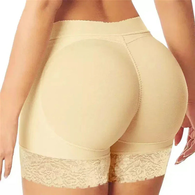 Beige seamless high-waisted shapewear shorts with lace trim and body-enhancing fit