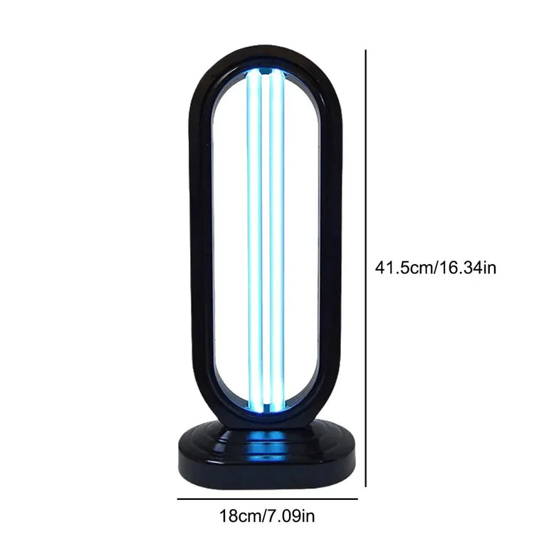 Modern black oval UV lamp with blue light, 41.5cm tall, 18cm wide, tech accessory